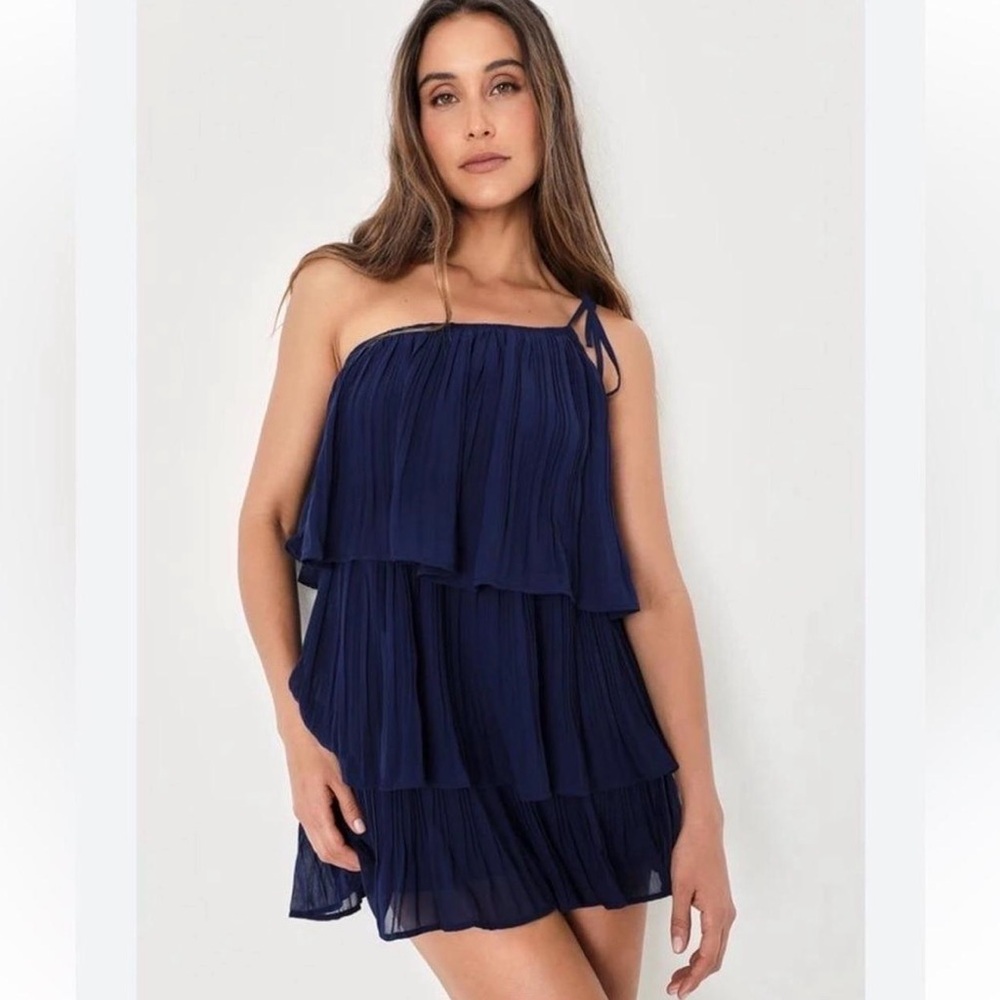 Lulus One Shoulder Tiered Navy Mini Dress